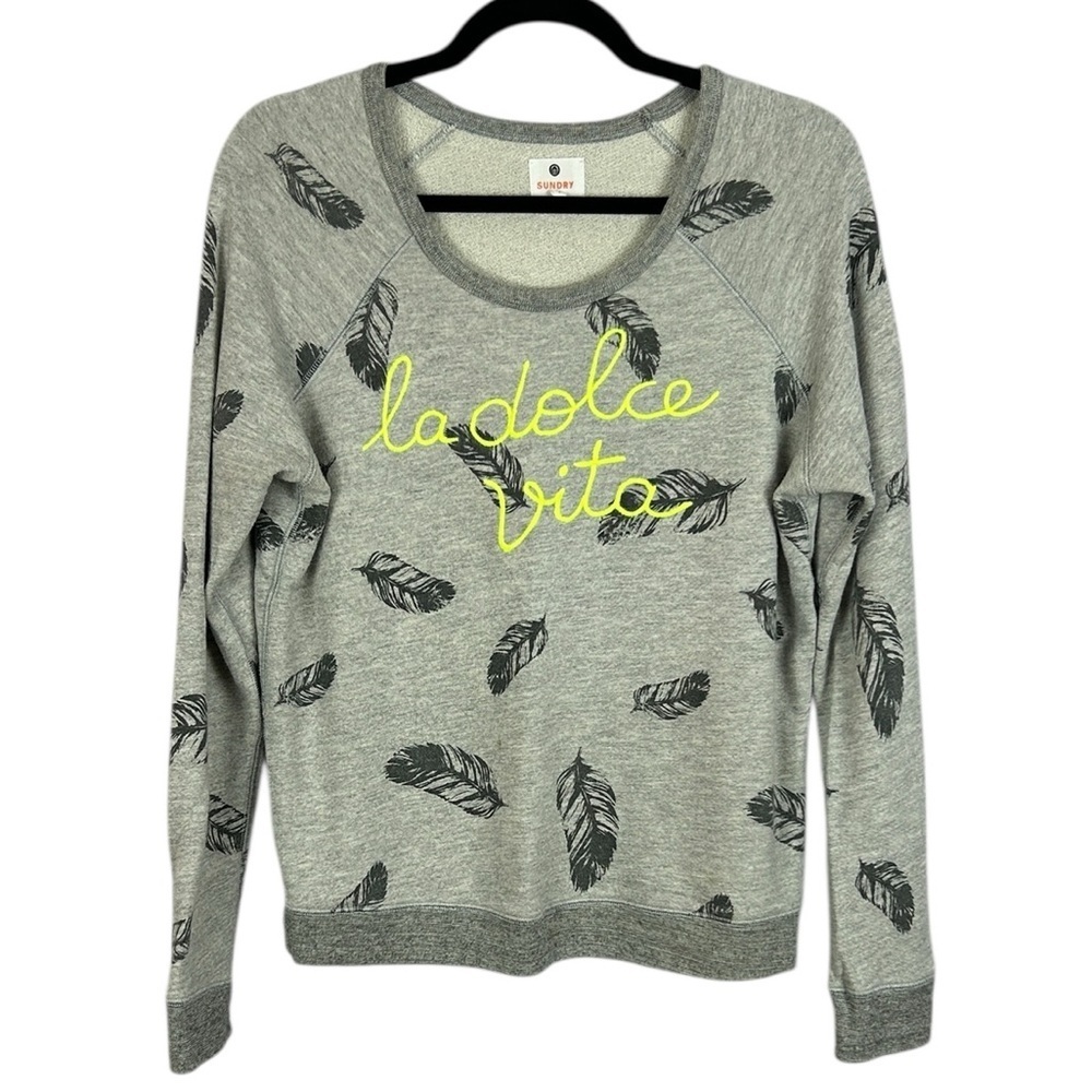 Sundry Casual La Dolce Vita Novelty Feathers Long Sleeve Sweatshirt Small Grey